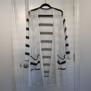 LuLaRoe XL Striped Open-Front Long Cardigan Sweater - White/Black front pockets